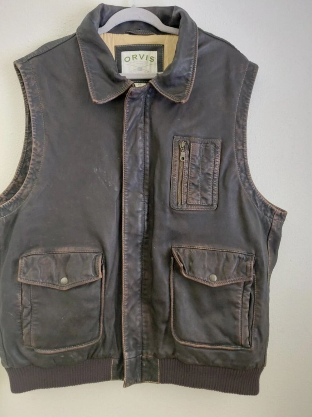 Orvis Mens Leather Munitions Hunting Vest Brown Distressed XXL